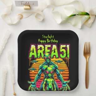 Eerie Aliens Wander Near Area 51 Under Neon Skies Paper Plate