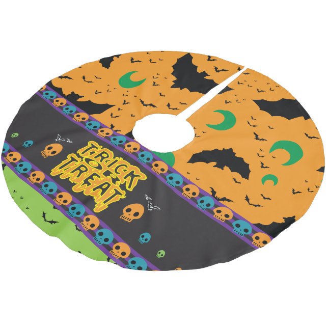 Eerie Bats and Moon Orange Green Halloween Skulls Brushed Polyester Tree Skirt (Angled)