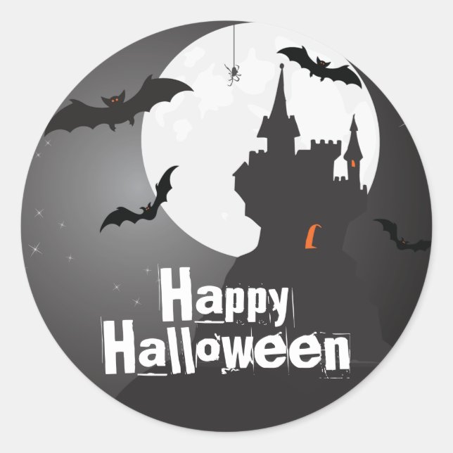 Eerie Castle and Bats Halloween Classic Round Sticker (Front)