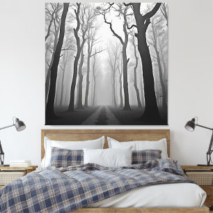 Eerie Foggy Forest Path Art Canvas Print