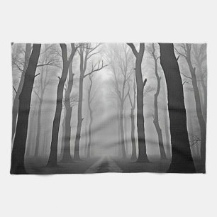 Eerie Foggy Forest Path Art Kitchen Towel