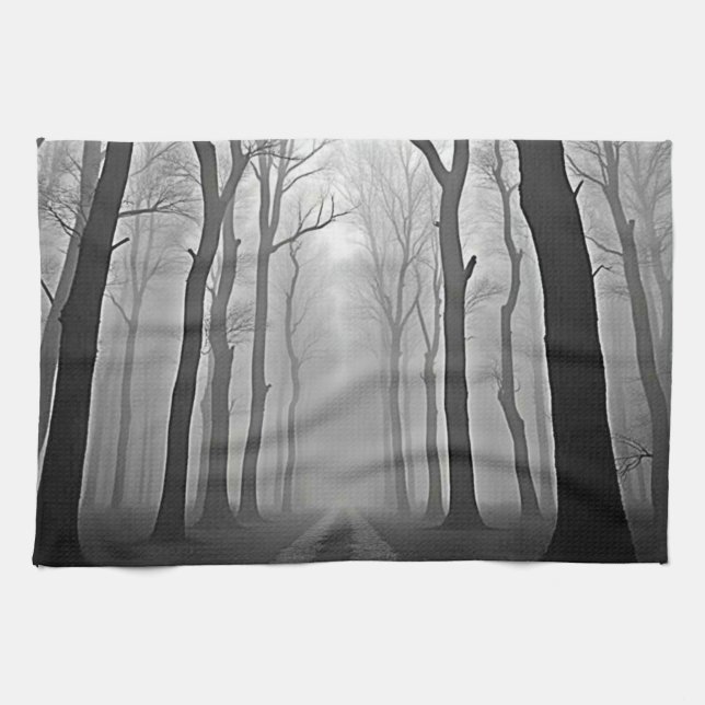 Eerie Foggy Forest Path Art Kitchen Towel (Horizontal)