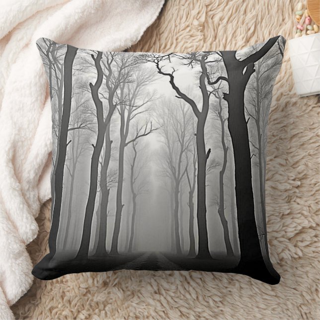 Eerie Foggy Forest Path Art Throw Pillow (Blanket)