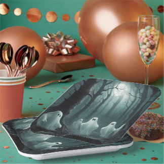 Eerie Ghosts Floating Through a Haunted Forest Paper Plate