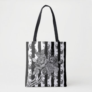 Eerie Gothic Monochromatic Striped Skulls & Roses Tote Bag