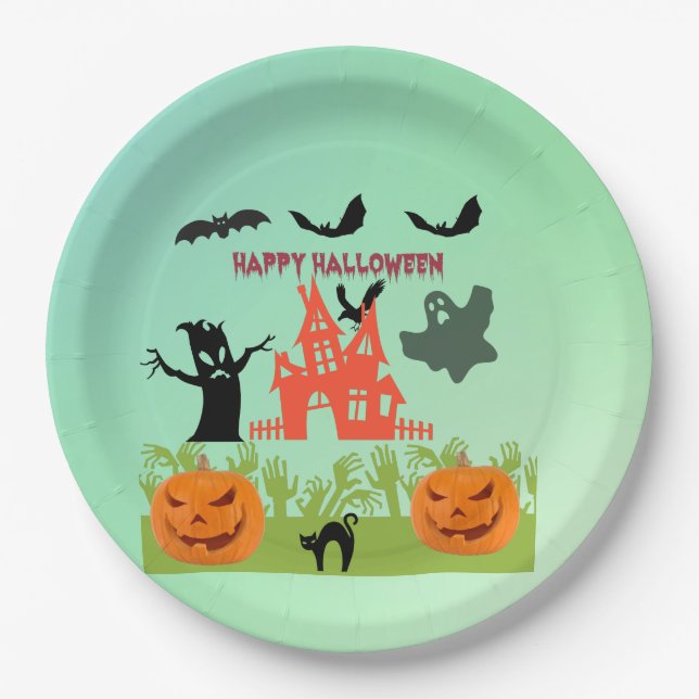 Eerie Green Hands Emerging With Pumpkins and Bats Paper Plate (Front)