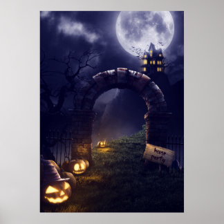 Eerie Halloween Night Full Moon & Haunted House |  Poster