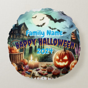 Eerie Halloween Night Watercolor Round Pillow