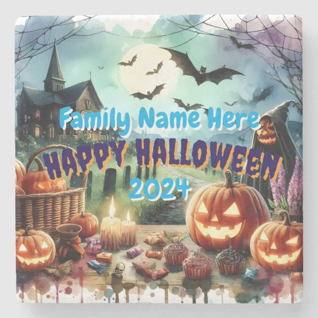 Eerie Halloween Night Watercolor Stone Coaster (Front)