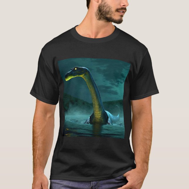 Eerie Loch Ness Monster with Glowing Eyes at Night T-Shirt (Front)