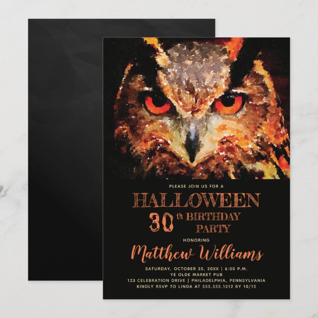 Eerie Night Owl Halloween 30th Birthday Party Invi Invitation (Front/Back)