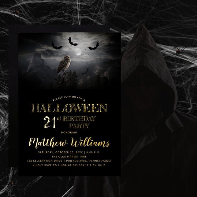 Eerie Owl Bats Night Halloween 21st Birthday Party (Beware the erie creepy, spooky night -- owl and bats Halloween-themed 21st Birthday Party design.  )