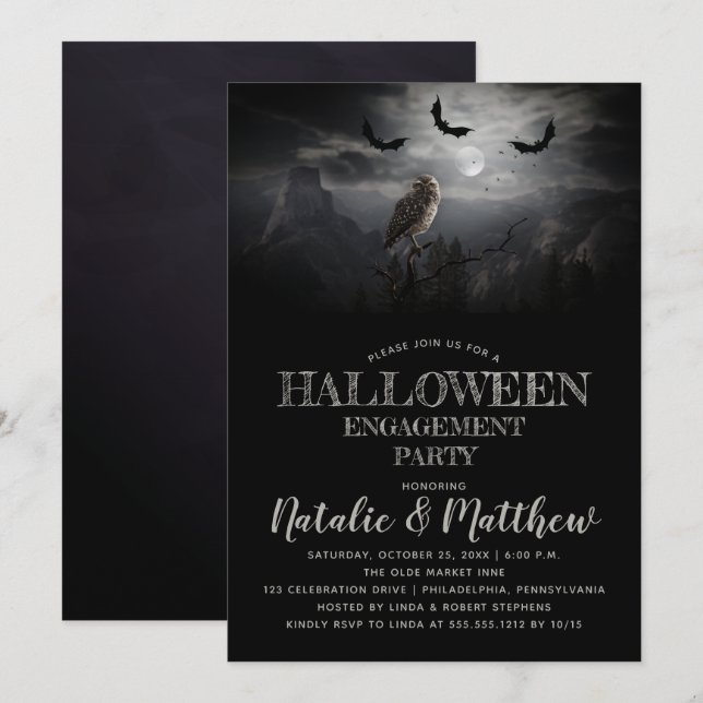 Eerie Owl | Bats Night Halloween Engagement Party  Invitation (Front/Back)