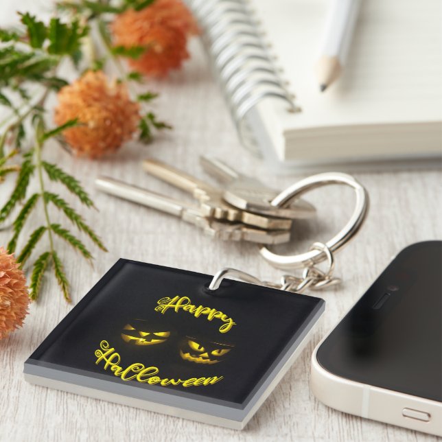 Eerie pumpkins with yellow Happy Halloween Key Rin Keychain (Front Right)