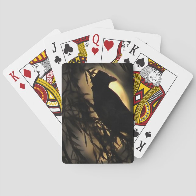 Eerie Raven Silhouette Against A Glowing Moon Playing Cards (Back)