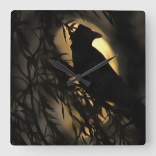 Eerie Raven Silhouette Against A Glowing Moon Square Wall Clock