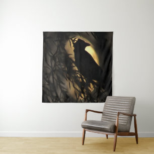 Eerie Raven Silhouette Against A Glowing Moon Tapestry