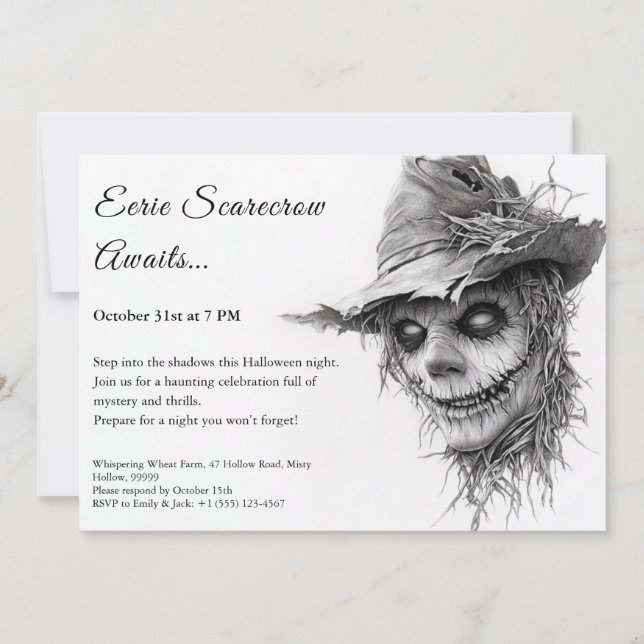 Eerie Scarecrow Halloween Invitation Black & White (Front)