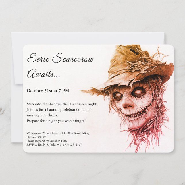 Eerie Scarecrow Halloween Invitation Black & White (Front)