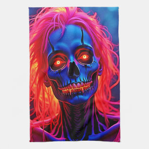 Eerie Skeleton with Pink Hair Design Kitchen Towel
