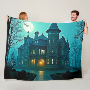 Eerie Victorian Mansion Moonlight Fleece Blanket