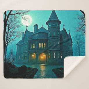 Eerie Victorian Mansion Moonlight Sherpa Blanket