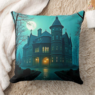 Eerie Victorian Mansion Moonlight Throw Pillow