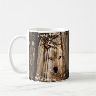Eerie wolf face in the woods coffee mug