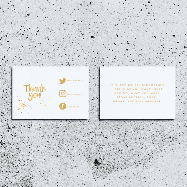 Effet feuille d'or merci Carte Liens sociaux (White insert card for customer orders. Thank you in fun text and social media details and message.)