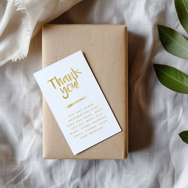 Effet Foil merci insérer carte liens sociaux ("Thank you!" in a fun script with a gold foil effect, all on a white background enclosure card)