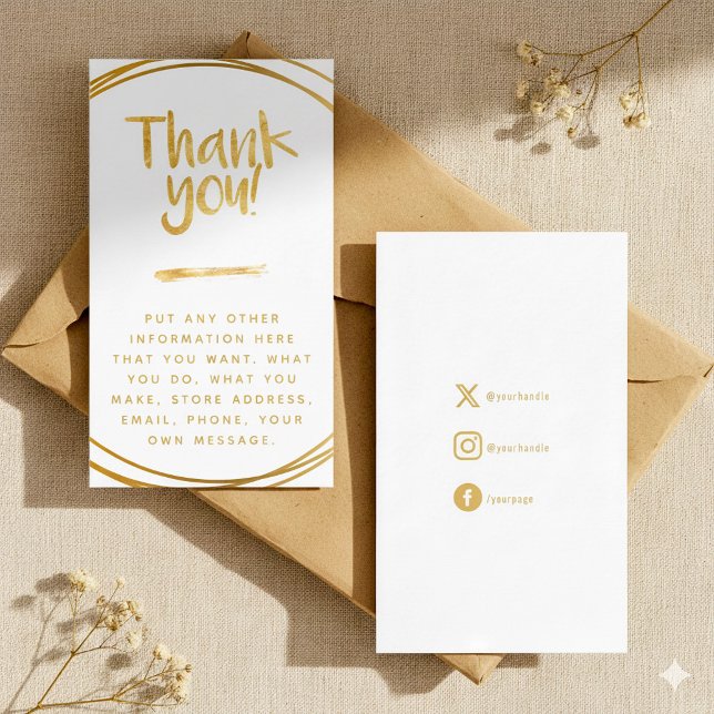 Effet or, merci insérer carte liens sociaux (Gold fun and elegant customer order insert card with social media handles.)