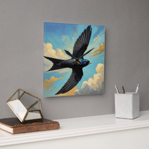 Effortless Wanderer: Colourful Swift Bird Portait Square Wall Clock