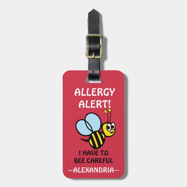 Egg Allergy Alert Bumblebee Personalized Red Luggage Tag (Front Vertical)