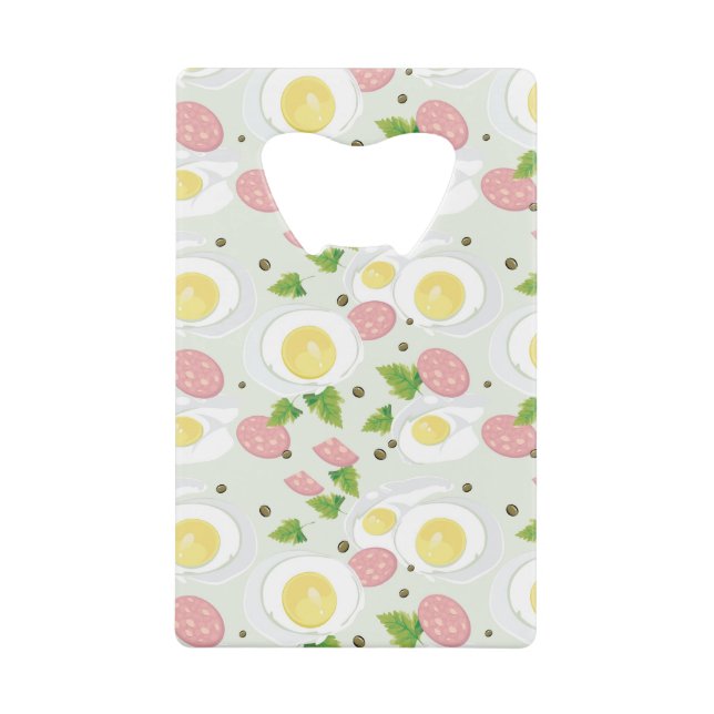 Egg and Sausage Pattern Credit Card Bottle Opener (Front)