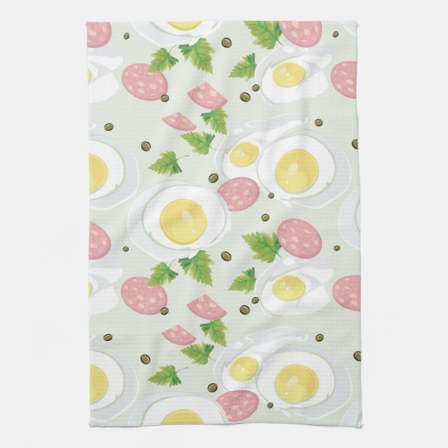 Egg and Sausage Pattern Kitchen Towel (Vertical)