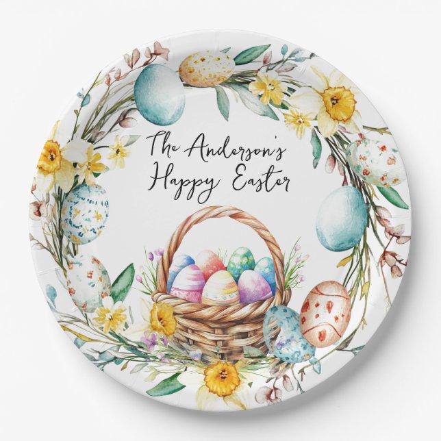 Egg basket with decorative eggs I floral Easter Paper Plate (Front)