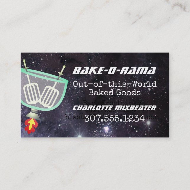Egg beaters rocket universe stand mixer bakery bus business card (Front)