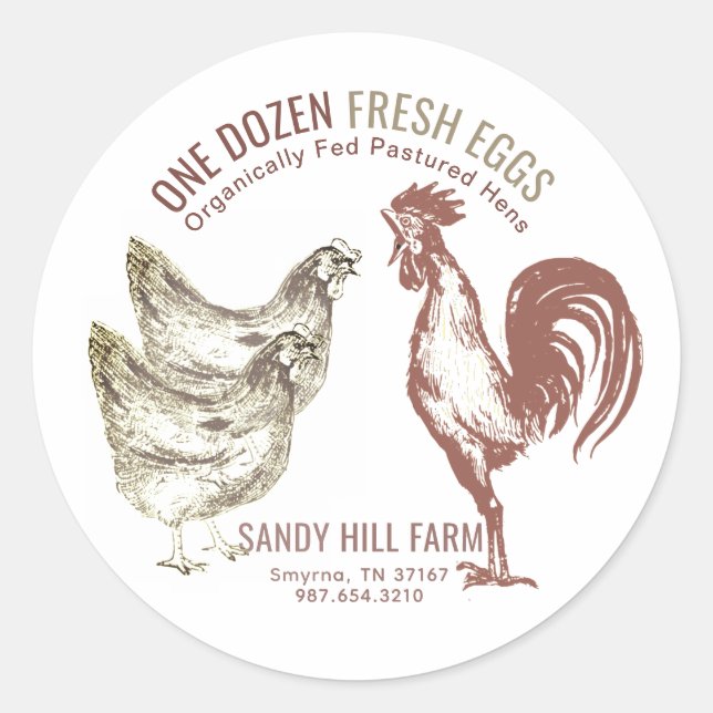 Egg Carton Label with Hens and Rooster & Farm Name (Front)