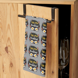 Egg-cited for Breakfast Funny Foodie Pun Design Kitchen Towel