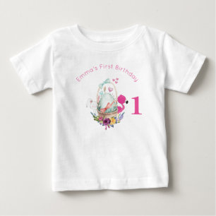 Egg, Flamingo and Bunny First Birthday Baby T-Shirt