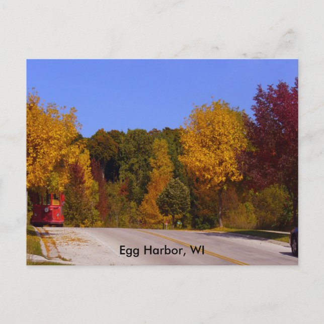 Egg Harbor, WI Fall Season & Trolley Car Postcard (Front)