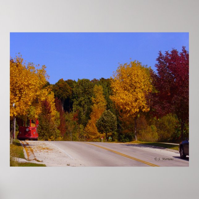 Egg Harbour, WI Fall Season with Trolley Car Poster (Front)