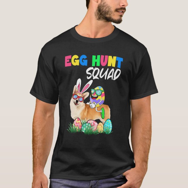 Egg Hunt Squad Easter Eggs Ridding Bunny Corgi Dog T-Shirt (Front)