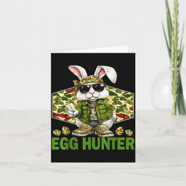 Egg hunter cute rabbit peace sign camo easter card (Front)