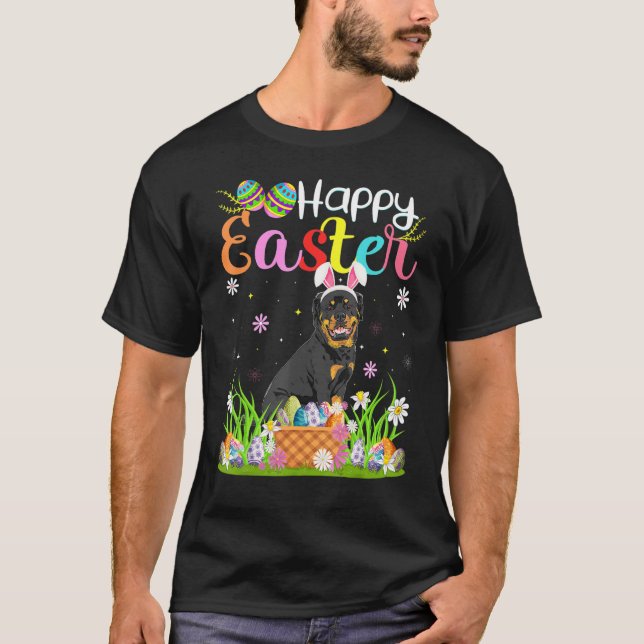 Egg Hunting Bunny Rottweiler Dog Happy Easter T-Shirt (Front)