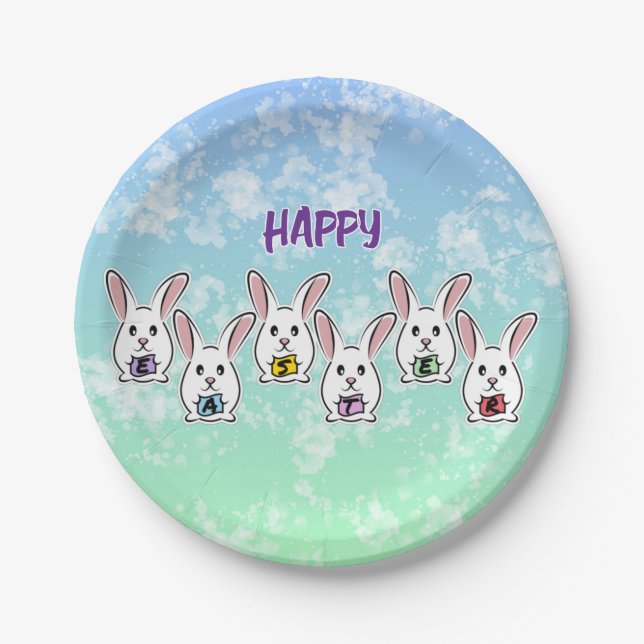 Egg Shaped Easter Rabbits Paper Plate (Front)