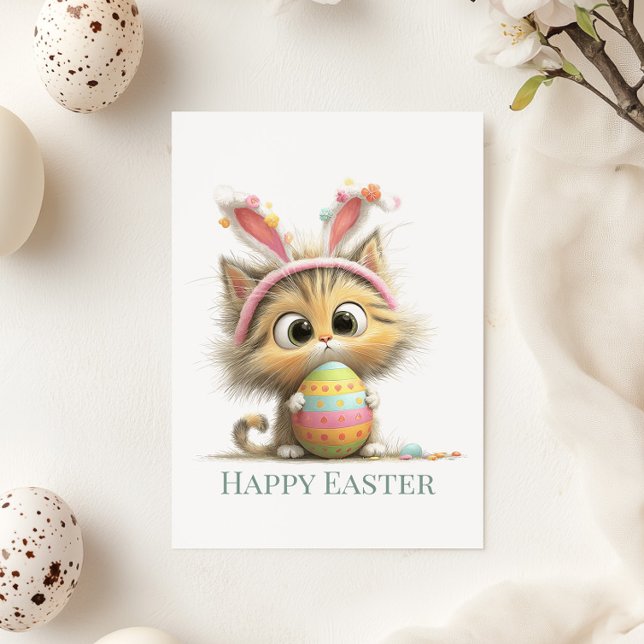 Egg-stra Cute Easter Cat Flat Greeting Card (Egg-stra Cute Easter Cat Flat Greeting Card on a sunny table with Easter and Spring decor)
