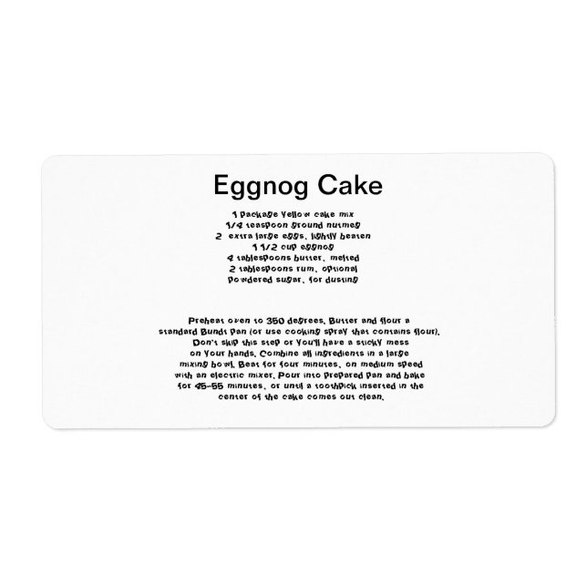 Eggnog Cake recipe labels (Front)