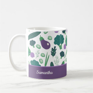 Eggplant and Broccoli Pattern with Name Purple Coffee Mug