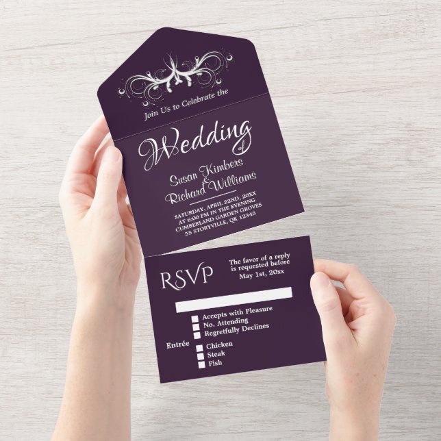  Eggplant and White Tri Fold w Rsvp Wedding  All In One Invitation (Tearaway)
